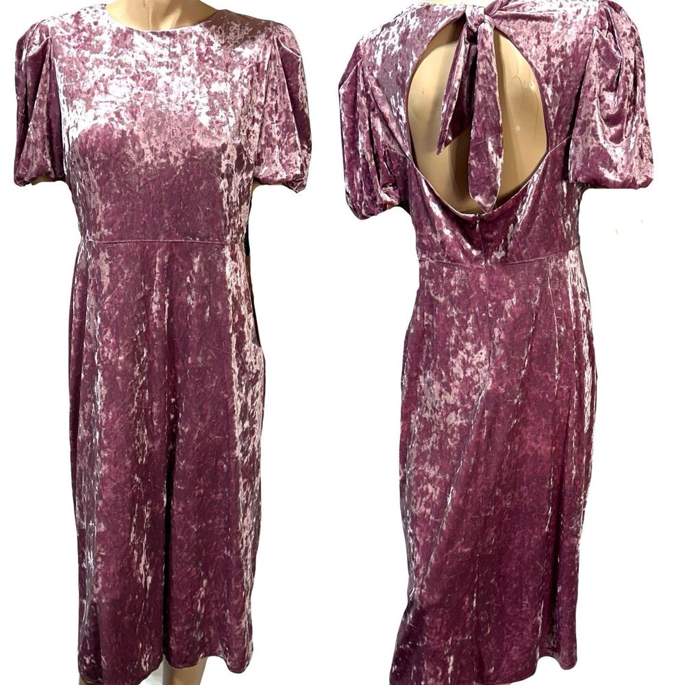 Donna Morgan Mauve Dusty Pink Crushed Velvet Tie Back Midi Dress Size 16 NWT
